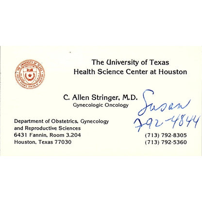 The University of Texas, C. Allen Stringer, Houston, Texas Business Card SF3-B9