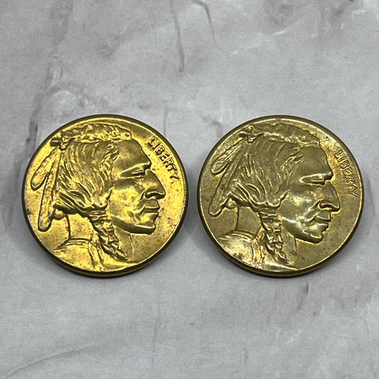 Vintage Brass Tone Buffalo Nickel Metal Button Set of 2 SC1
