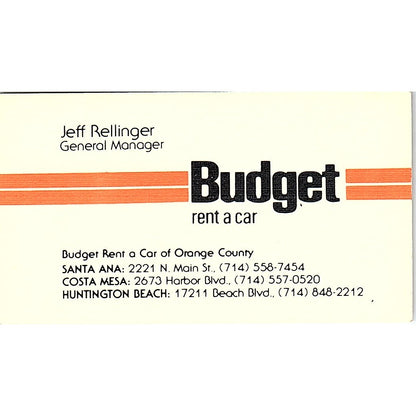 Jeff Rellinger Budget Rent a Car Costa Mesa CA Vintage Business Card SD9-B10