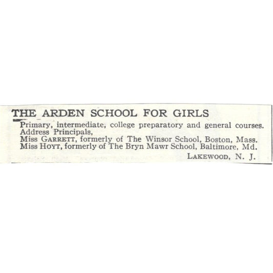 Arden School for Girls Garret Hoyt Lakewood NJ c1918 Advertisement AE5-SA11