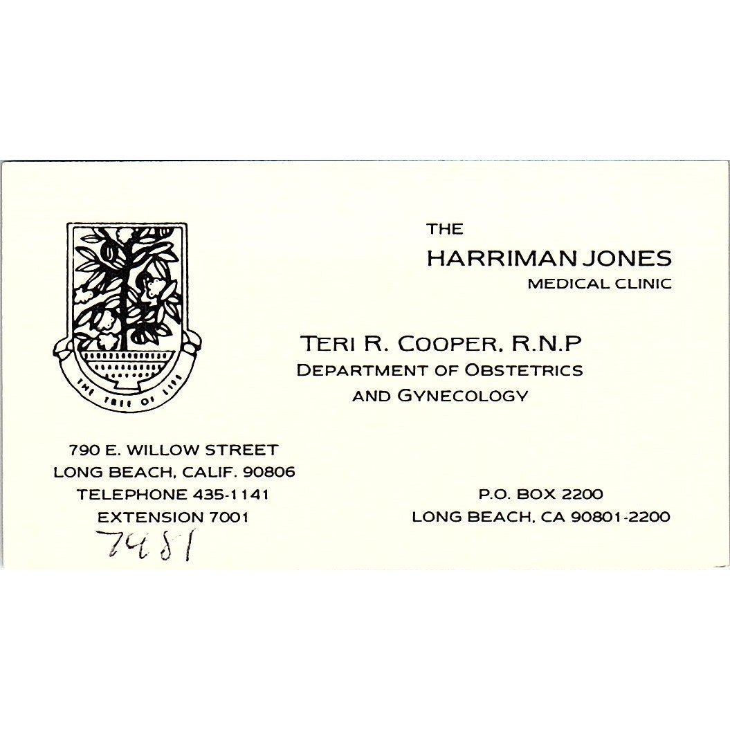The Harriman Jones Medical Clinic Teri R Cooper Long Beach Business Card SB4-B1