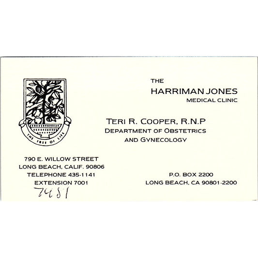 The Harriman Jones Medical Clinic Teri R Cooper Long Beach Business Card SB4-B1