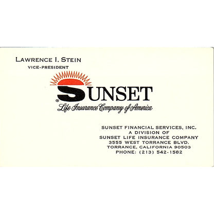 Lawrence I Stein Sunset Life Ins Torrance CA Vintage Business Card SD9-B10