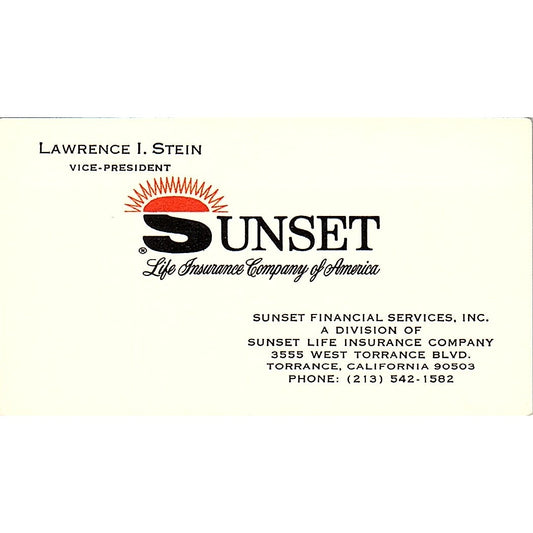 Lawrence I Stein Sunset Life Ins Torrance CA Vintage Business Card SD9-B10