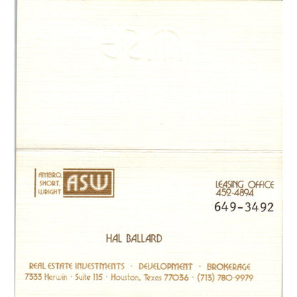 Hal Ballard Ambro Short Wright Real Estate Houston Vintage Business Card SD8-B2