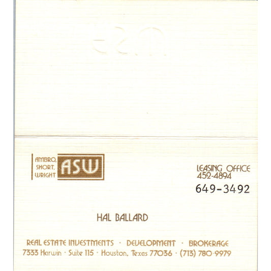 Hal Ballard Ambro Short Wright Real Estate Houston Vintage Business Card SD8-B2