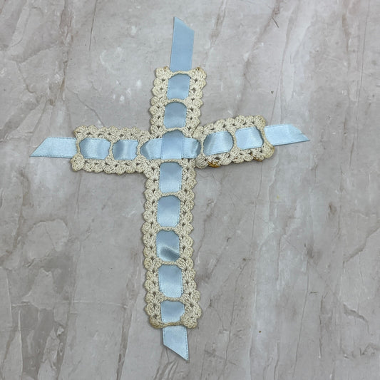 Vintage/Antique Blue Satin Ribbon and Cream Thread Bible Bookmark AK7-2