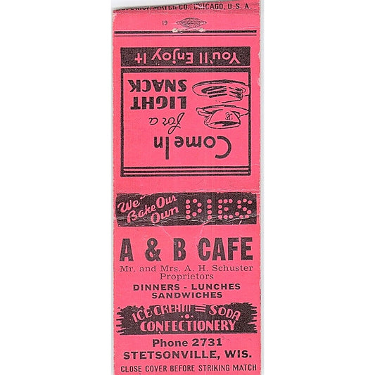 A&B Cafe A.H. Schuster Stetsonville WI Vintage Matchbook Cover SF3-Y8