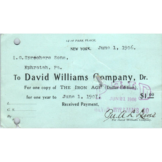 1906 David Williams Company New York Payment Receipt Postal Card AE8