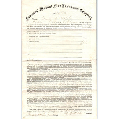 1880 Farmers Mutual Fire Ins Co Policy Jeremy P. Welch Groton VT AF7-E6