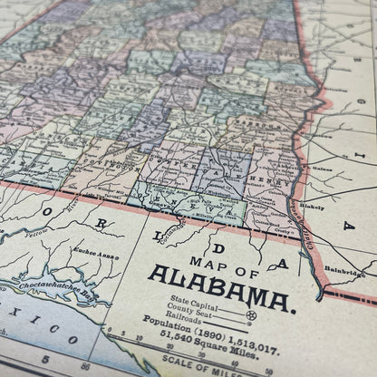 1899 Map of Alabama 10x13 Original Tinted Map Engraving FL6-8