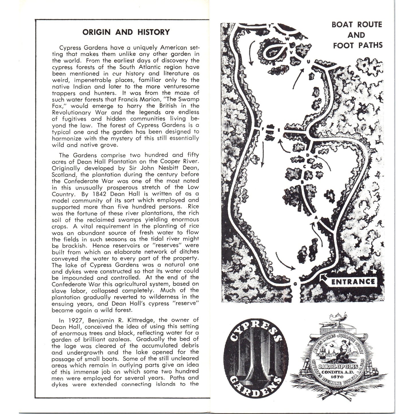 Vintage Cypress Gardens South Carolina Fold Out Map & Travel Brochure TF4-B4