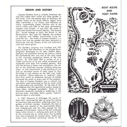 Vintage Cypress Gardens South Carolina Fold Out Map & Travel Brochure TF4-B4