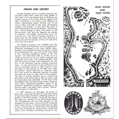 Vintage Cypress Gardens South Carolina Fold Out Map & Travel Brochure H5-5