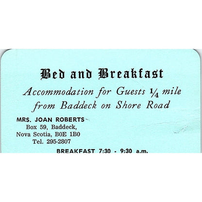 Joan Roberts Bed and Breakfast Nova Scotia Vintage Business Card ML1-6