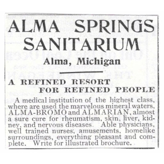 Alma Springs Sanitarium Alma MI c1918 Original Advertisement AE5-SV2