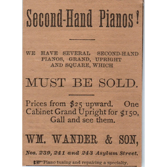 Wm. Wander & Son Second Hand Pianos Asylum St Hartford 1886 Newspaper Ad AF7-E5