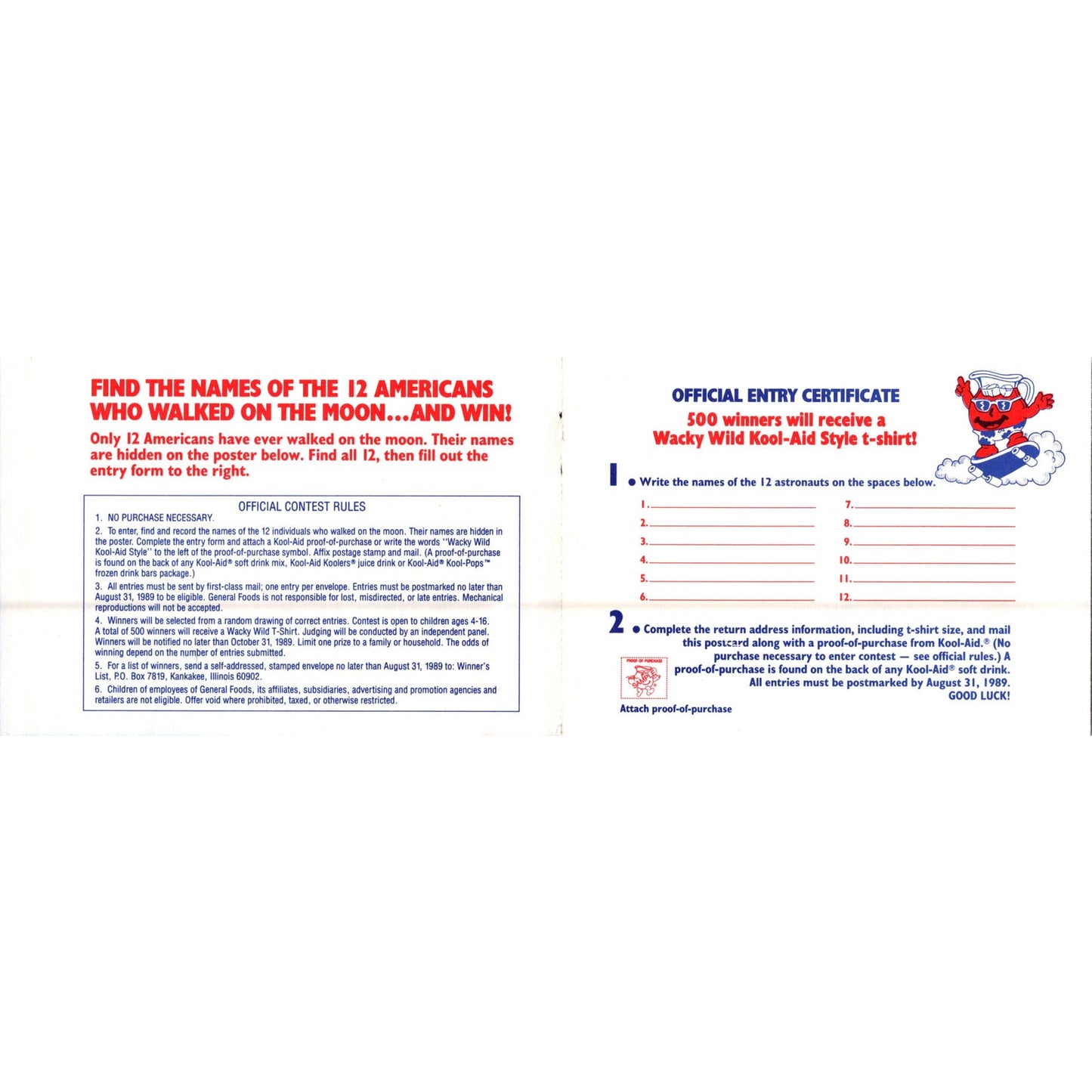 Kool-Aid Moon Walk T-Shirt Contest Postal Mailing Card Blank 1989 SAH7-H1
