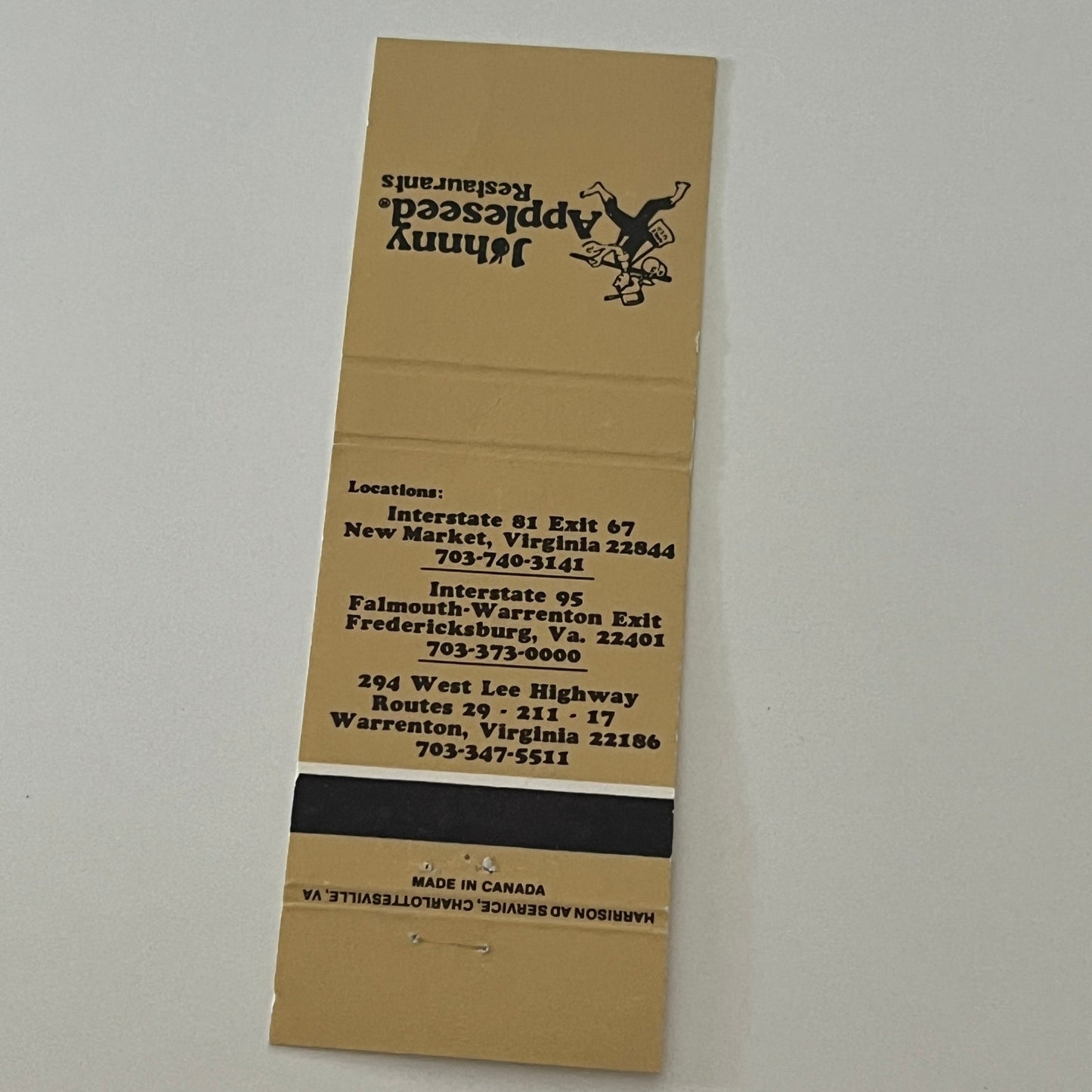 Johnny Appleseed Restaurants Virginia Vintage Matchbook Cover TB6-MB2-4