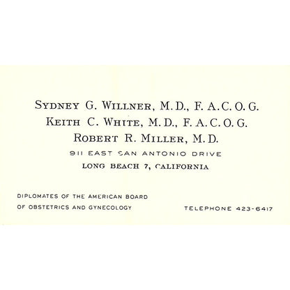 Obstetrics and Gynecology Syndey Willner Keith Long Beach Business Card SF3-B9