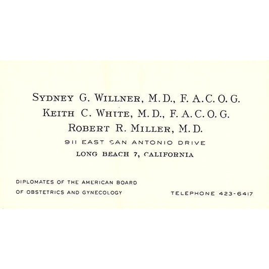 Obstetrics and Gynecology Syndey Willner Keith Long Beach Business Card SF3-B9
