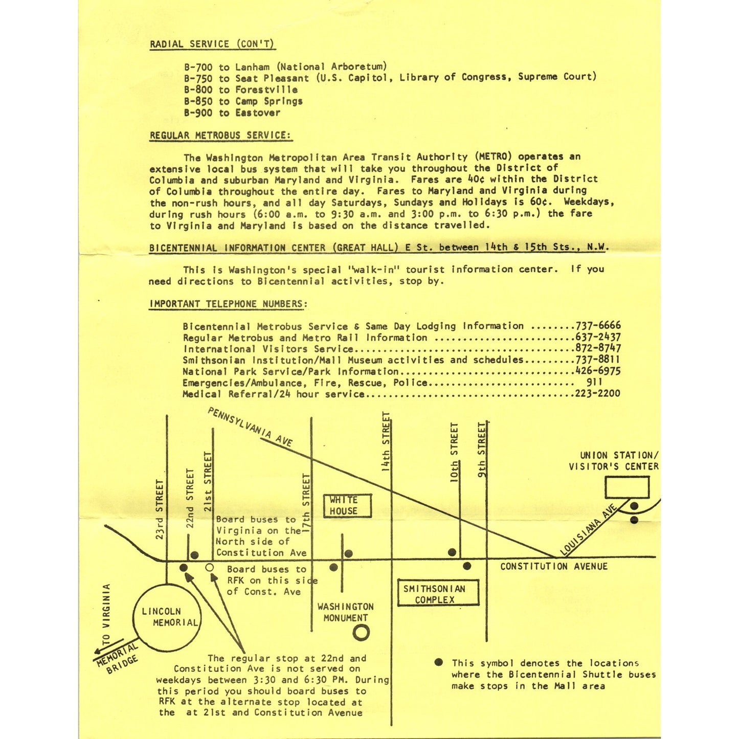 1976 Washington DC Metrobus Bicentennial Service Travel Info Leaflet TF4-BC