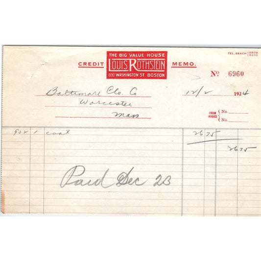 Louis Rothstein Value House Worcester 1924 Original Billhead Letterhead D8