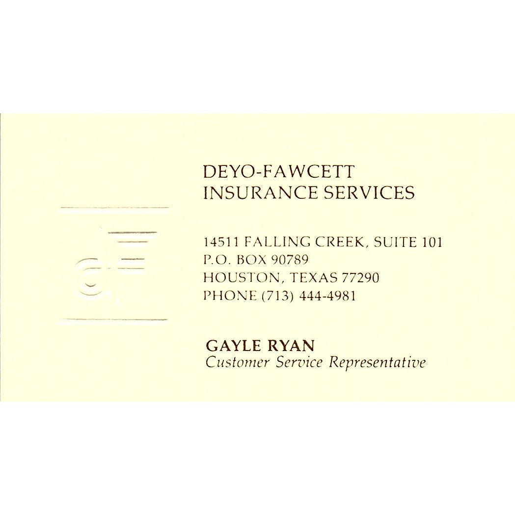 Gayle Ryan Deyo-Fawcett Ins Services Houston Vintage Business Card SD9-B6
