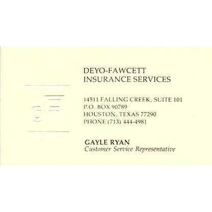 Gayle Ryan Deyo-Fawcett Ins Services Houston Vintage Business Card SD9-B6