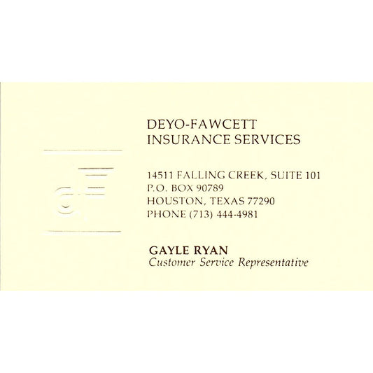 Gayle Ryan Deyo-Fawcett Ins Services Houston Vintage Business Card SD9-B6