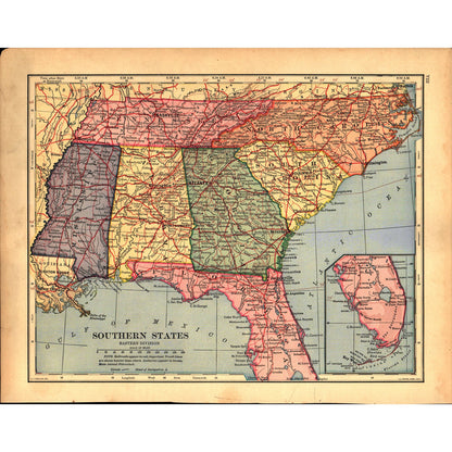 Map USA Central States / Southern States 1901 Original Engraving V1-1