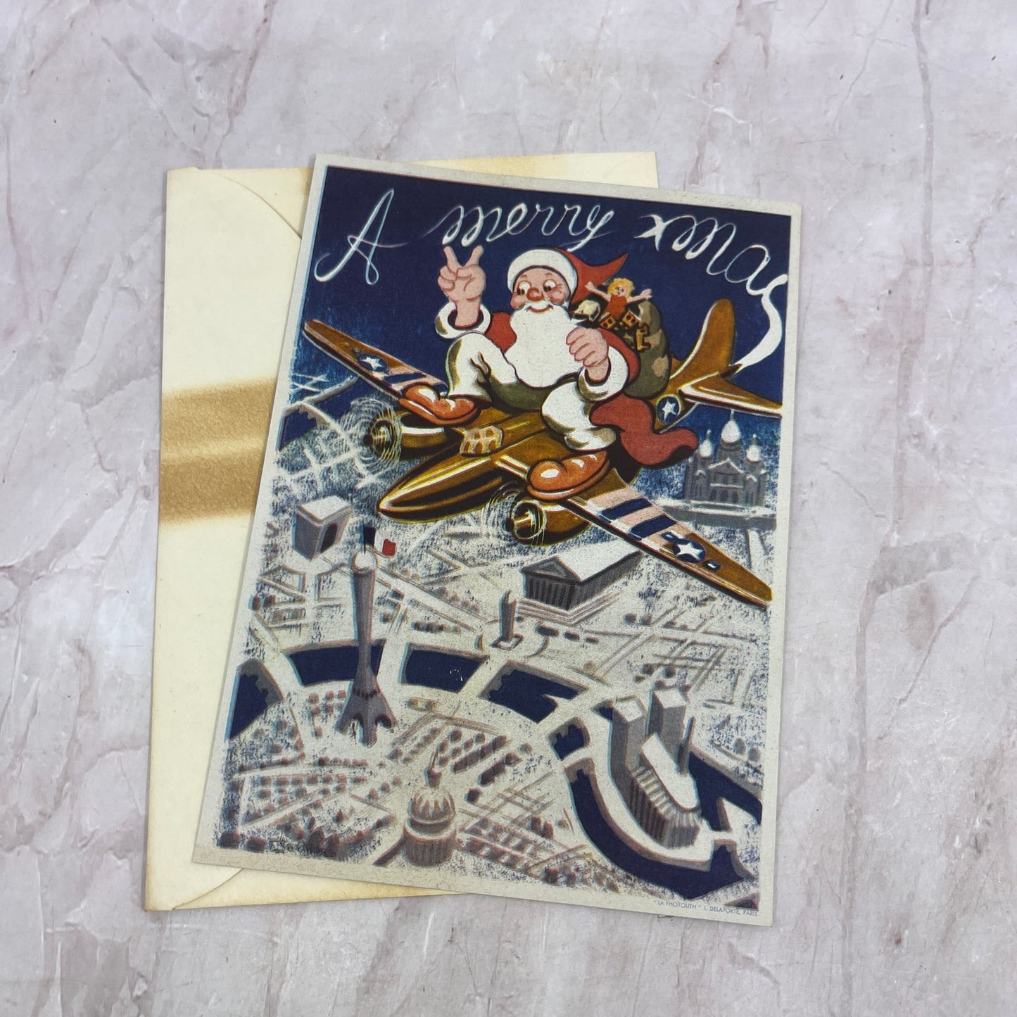 c1945 WWII Army Military Christmas Card Blank Santa on Army Plane TA9-E1