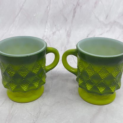 Set of 2 Retro Fire King Ombre Green Kimberly Diamond Milk Glass Mugs Cups TC5