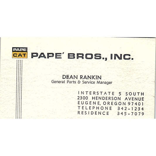 Pape' Bros Inc. Dean Rankin Eugene Oregon Vintage Business Card SB4-B4