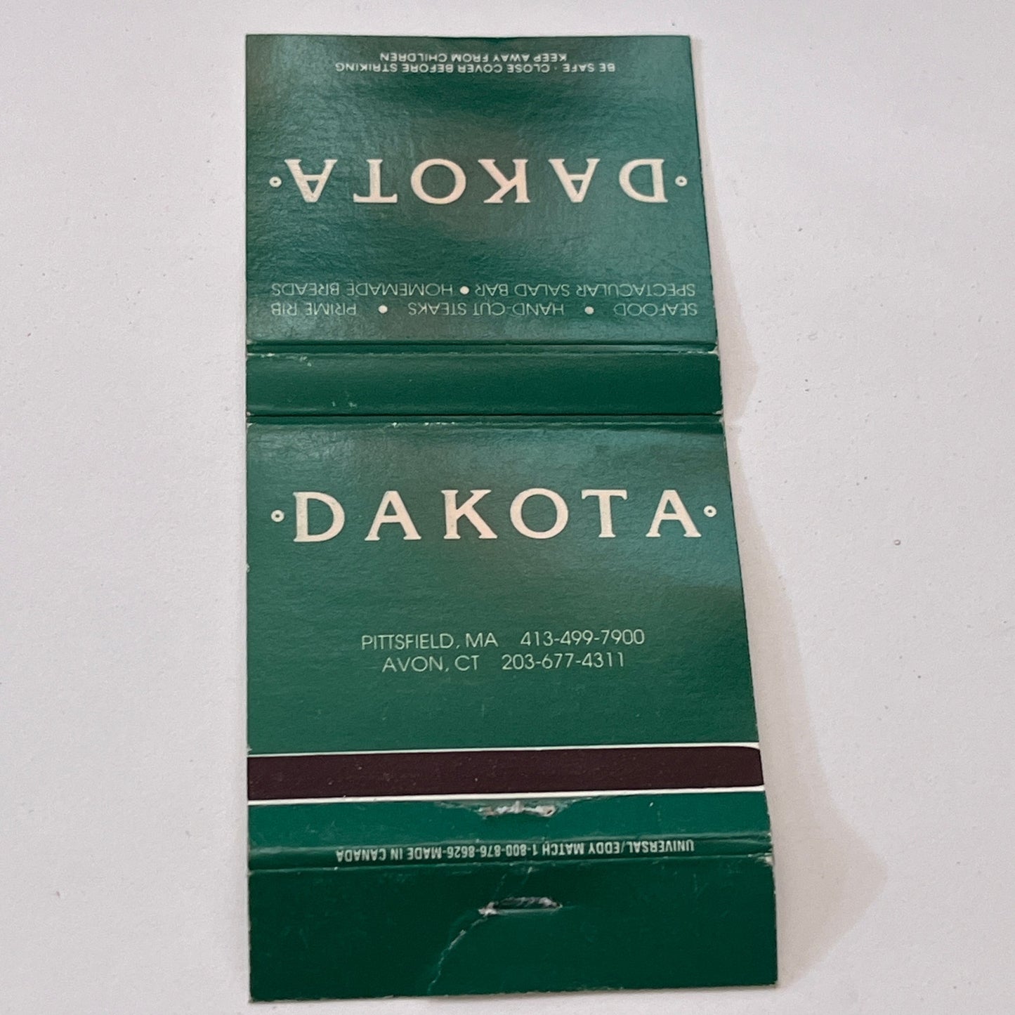 Dakota Restaurant Pittsfield MA, Avon CT Vintage Matchbook Cover TB6-MB1-9