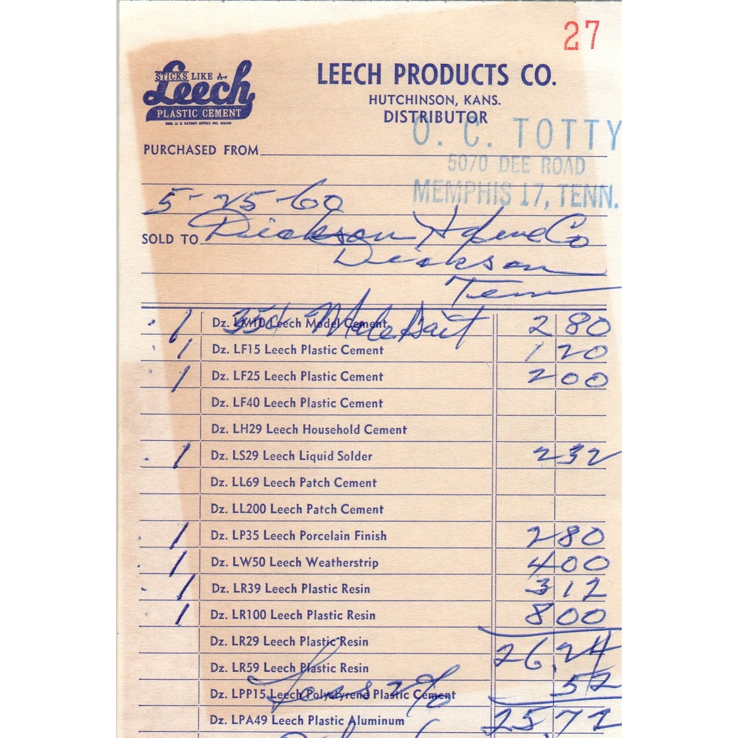 1960 Leech Products Co Hutchinson Kansas Letterhead Receipt D18