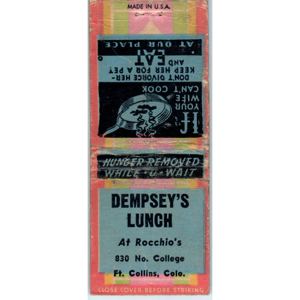 Dempsey's Lunch at Rocchio's Ft. Collins CO Vintage Matchbook Cover SF4-Y8