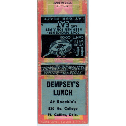 Dempsey's Lunch at Rocchio's Ft. Collins CO Vintage Matchbook Cover SF4-Y8