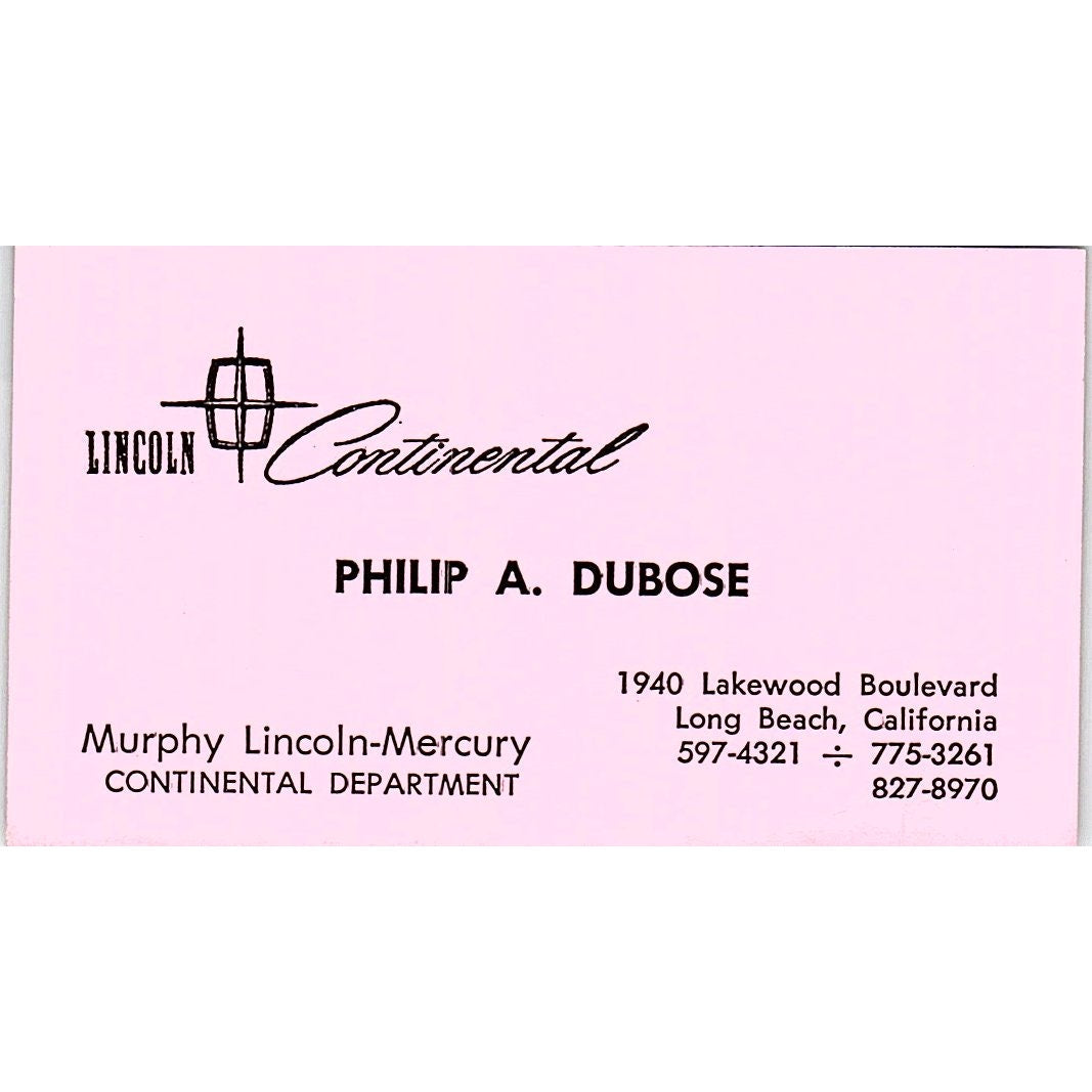 Murphy Lincoln Continental Philip A. Dubose Long Beach CA Business Card SF3-B2