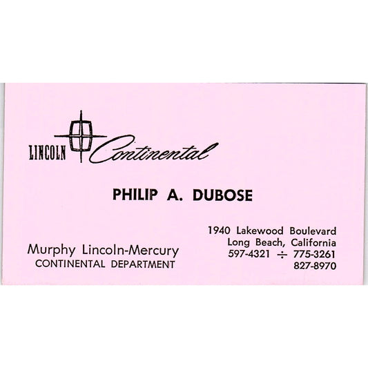 Murphy Lincoln Continental Philip A. Dubose Long Beach CA Business Card SF3-B2