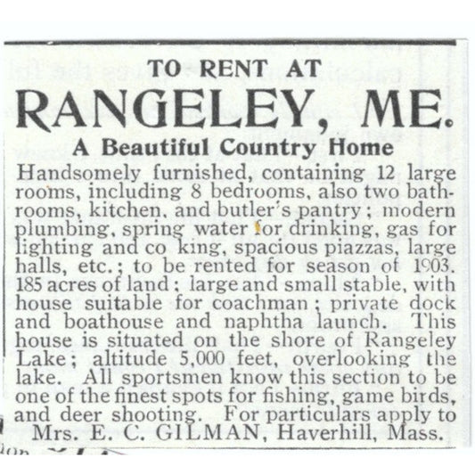 Rangeley ME Home E.C. Gilman Haverhill MA 1903 Magazine Ad AF7-SS2