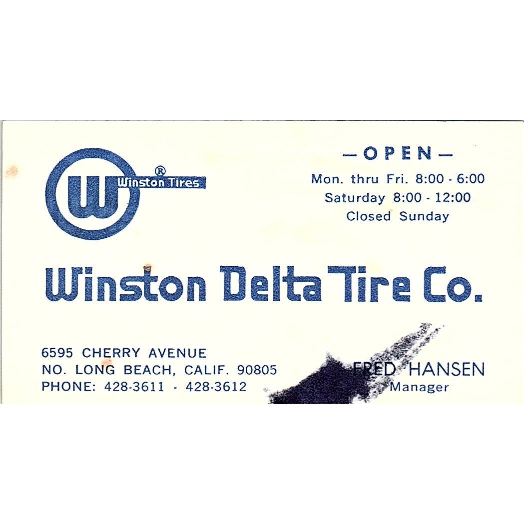Fred Hanson Winston Delta Tire Co Long Beach CA Vintage Business Card SE3-B13