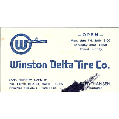 Fred Hanson Winston Delta Tire Co Long Beach CA Vintage Business Card SE3-B13