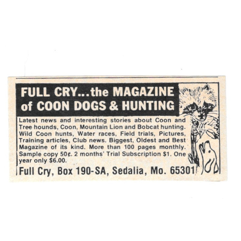 Full Cry Coon Dogs & Hunting Magazine Promo Sedalia MO 1977 Ad AF6-S1