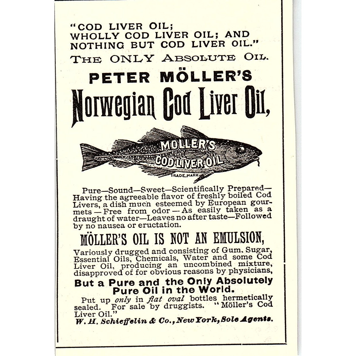 Peter Möllers Norwegian Cod Liver Oil W.H. Schieffelin & Co NY 1892 Ad AG2-M11