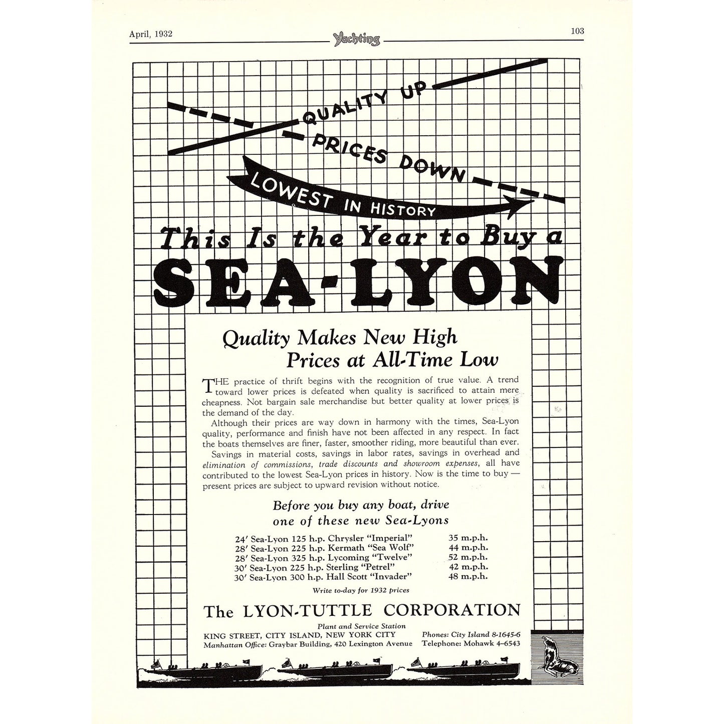 Sea-Lyon Yachts - Lyon-Tuttle Corporation New York City 1932 Ad V1-4
