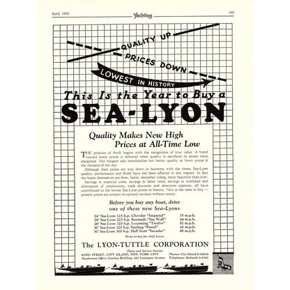 Sea-Lyon Yachts - Lyon-Tuttle Corporation New York City 1932 Ad V1-4