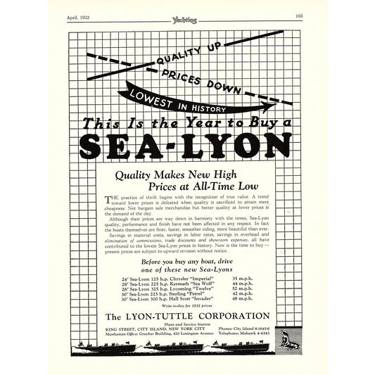 Sea-Lyon Yachts - Lyon-Tuttle Corporation New York City 1932 Ad V1-4