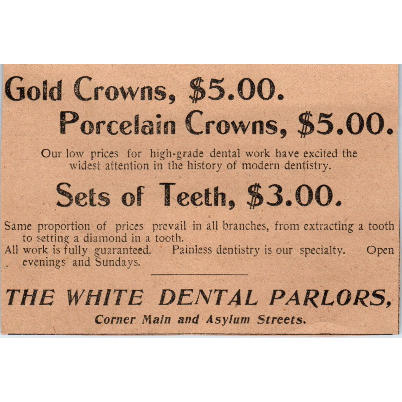 The White Dental Parlors Crowns Dentures Hartford 1901 Newspaper Ad AD8-H2