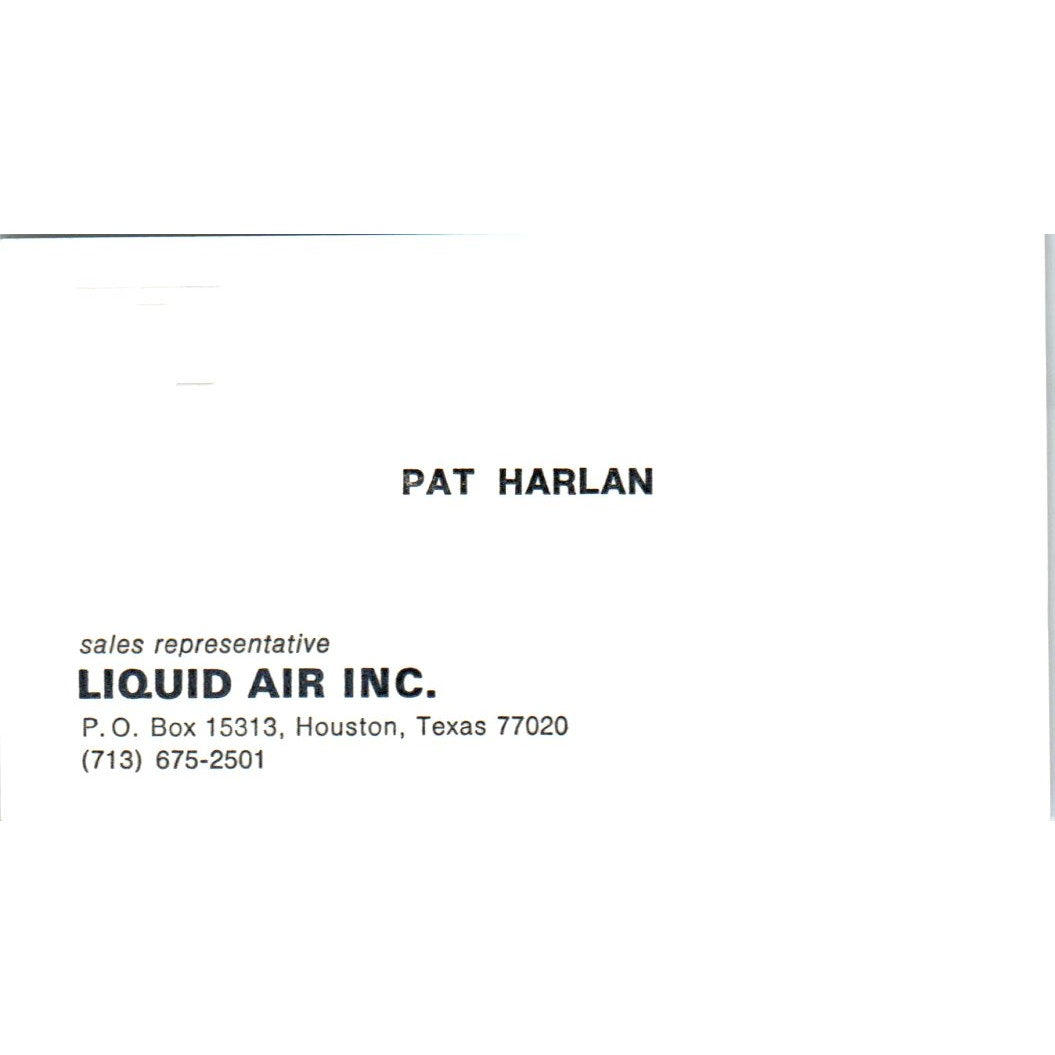 Pat Harlan Liquid Air Inc Houston TX Vintage Business Card SD4-B1